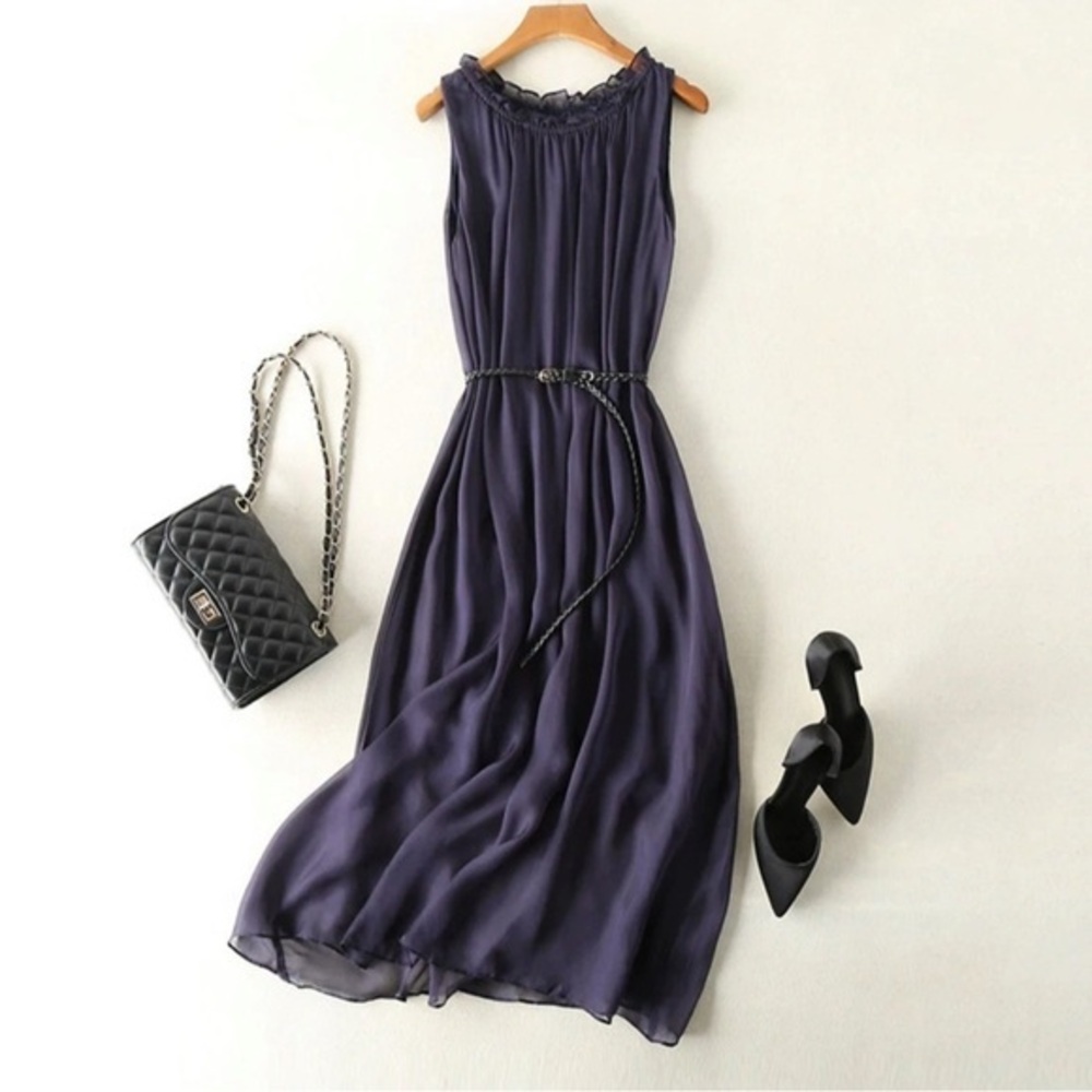 NWT Silk Sleeveless Dress Navy For Vacation One Size Honeymoon $209 SK1